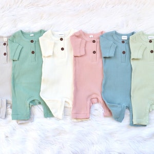 Short Sleeved Ribbed Romper Spring Outfit Summer Natural Cotton Shorts Birthday Gift Gender Neutral Baby Shower 12 Colours image 1