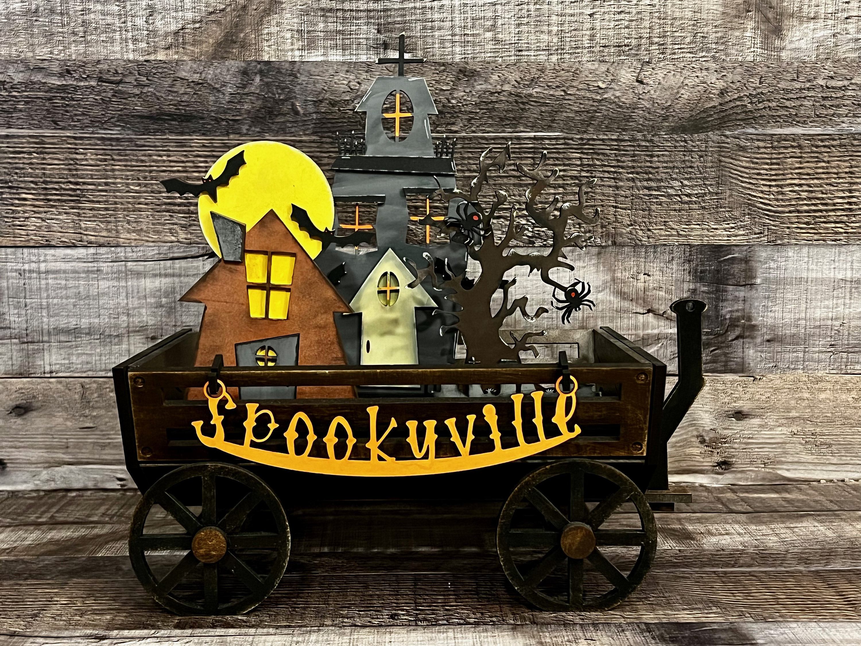 SPOOKYVILLE Interchangeable Inserts SVG file download! Halloween Decor, Home Decor, Mantel Decor, Glowforge, Wagon Inserts Files