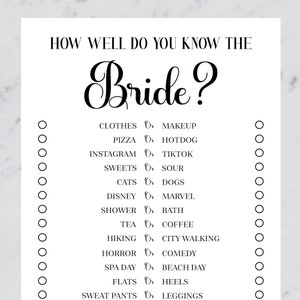 How Well Do You Know The Bride for Bridal Shower games, Bachelorette Party | Newlywed Games | Printable