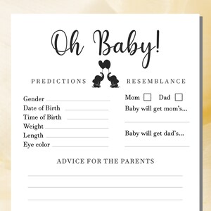Jeu de Prédictions pour Baby Shower | Non sexiste | Thème éléphant | Imprimable