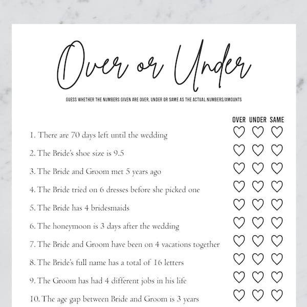 Over or Under Bridal Shower Game, Bachelorette Party, Newlywed Games | Printable Digital Files
