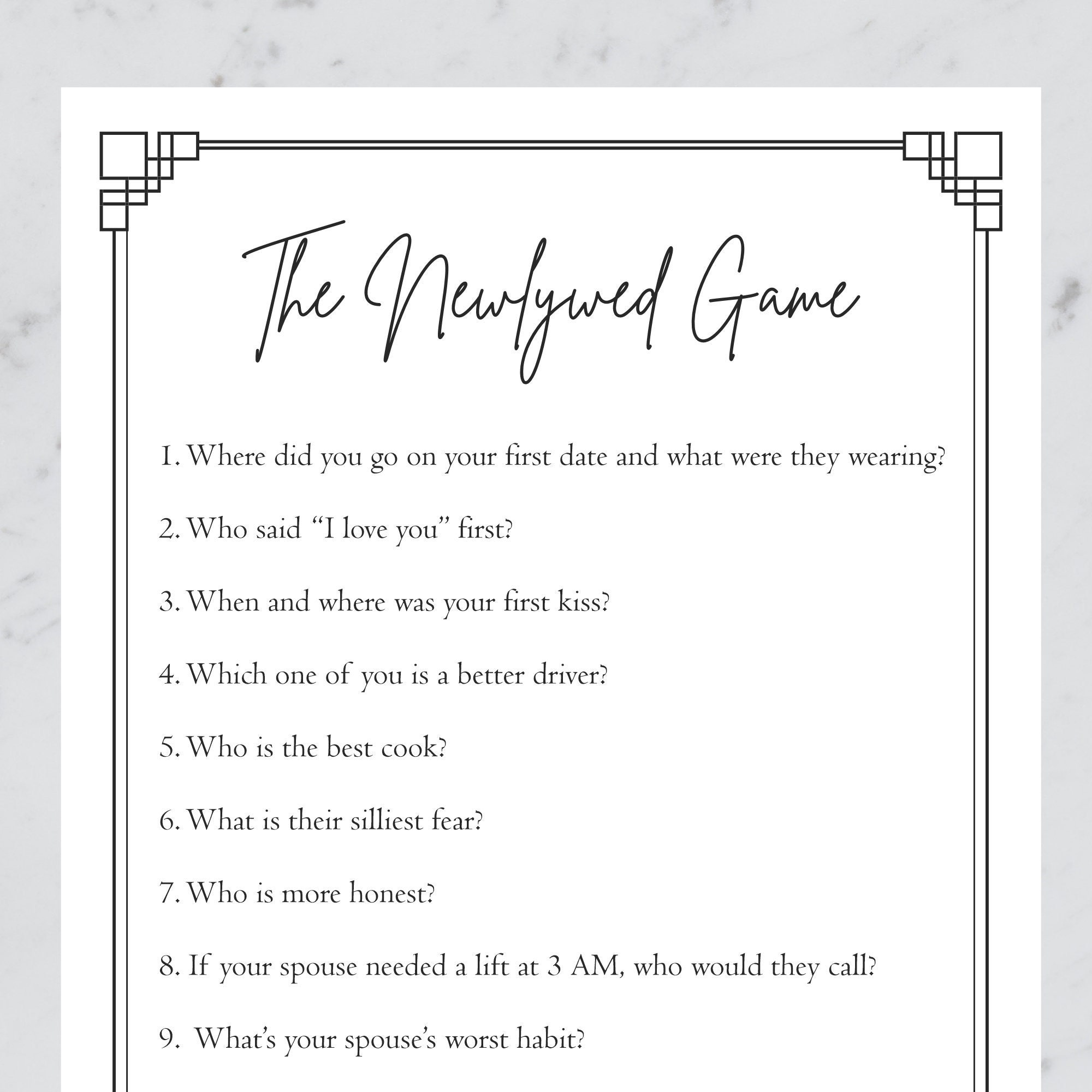 12 Question Newlywed Quiz Cards