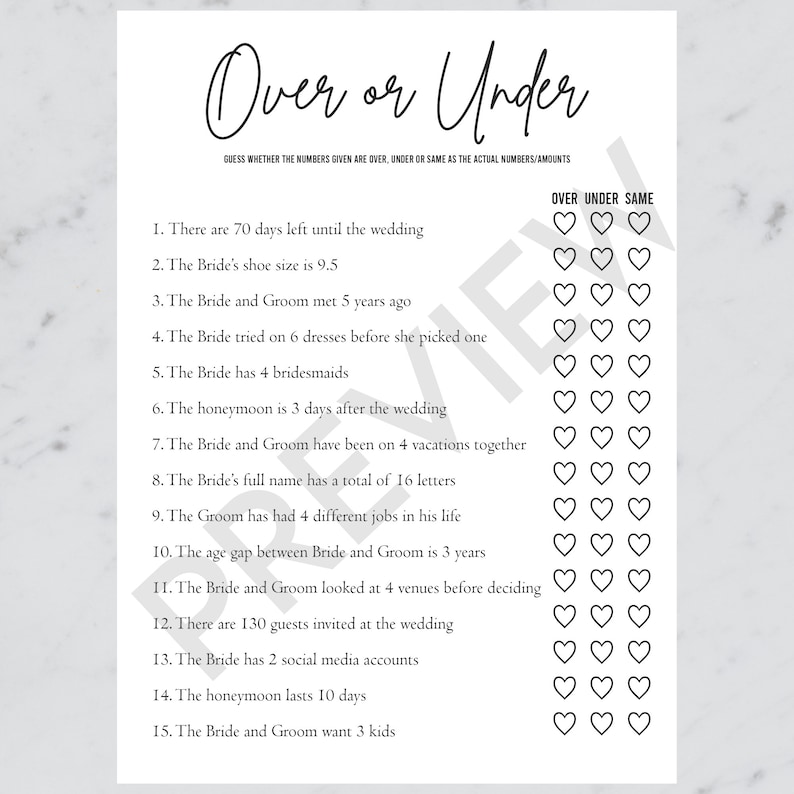 Over or Under Bridal Shower Game, Bachelorette Party, Newlywed Games ...
