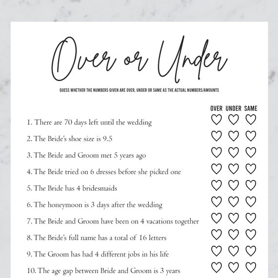 Printable Bridal Shower Game Over Under