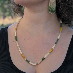 Green and gold bohemian boho color block beaded necklace image 1