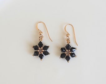 Flower shaped black and gold beaded earrings minimalist jewelry