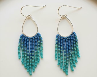 Turquoise boho earrings, Long beaded earrings,  Ethnic beaded jewelry, Beaded fringe earrings, Native beaded earring, Teardrop shape earring