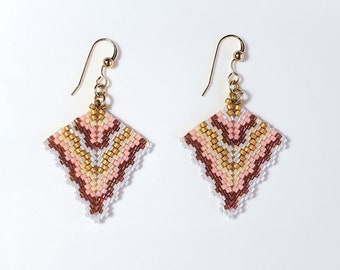 Rhombus beaded earrings, Boho style beaded jewelry, Bohemian dangle earrings, Boho beaded earrings for women, Diamond shape earrings, Ochre