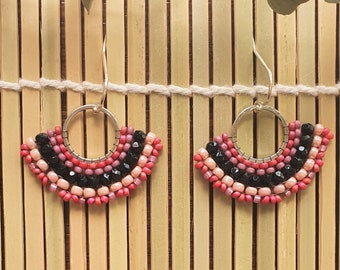 Pink drop beaded delicate fan earrings, sterling silver hook earrings, handmade earrings, boho earrings jewelry summer jewelry