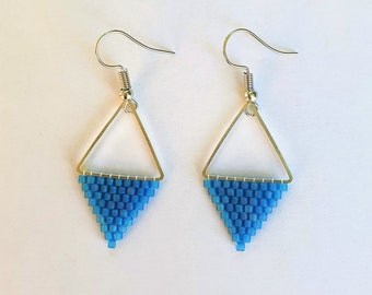 Blue Beaded Earrings, Triangle Earrings, Boho Style Beaded Jewelry, Seed Bead Earrings, Blue Long Earrings, Geometric Dangle Earrings