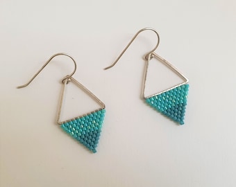 Turquoise Beaded Earrings, Triangle Earrings, Boho Style Beaded Jewelry, Seed Bead Earrings, Turquoise Long Earrings, Geometric Earrings