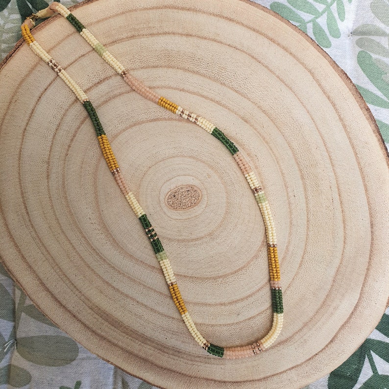 Green and gold bohemian (boho) color block beaded necklace