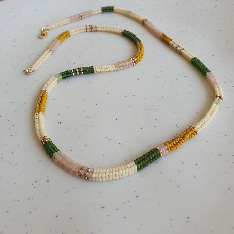 Green and gold bohemian boho color block beaded necklace image 9