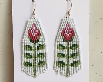 Flower fringe beaded boho earrings, Native style bohemian flower handmade beaded tassel earrings for women