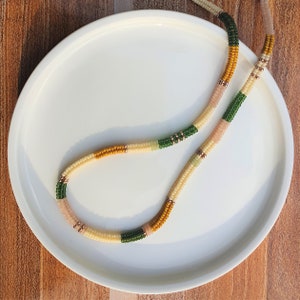 Green and gold bohemian (boho) color block beaded necklace