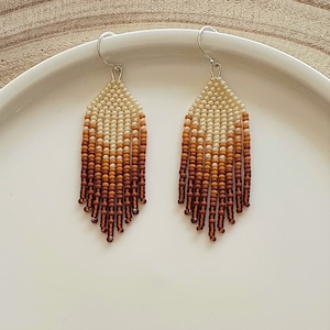 Brown ombre fringe beaded boho earrings