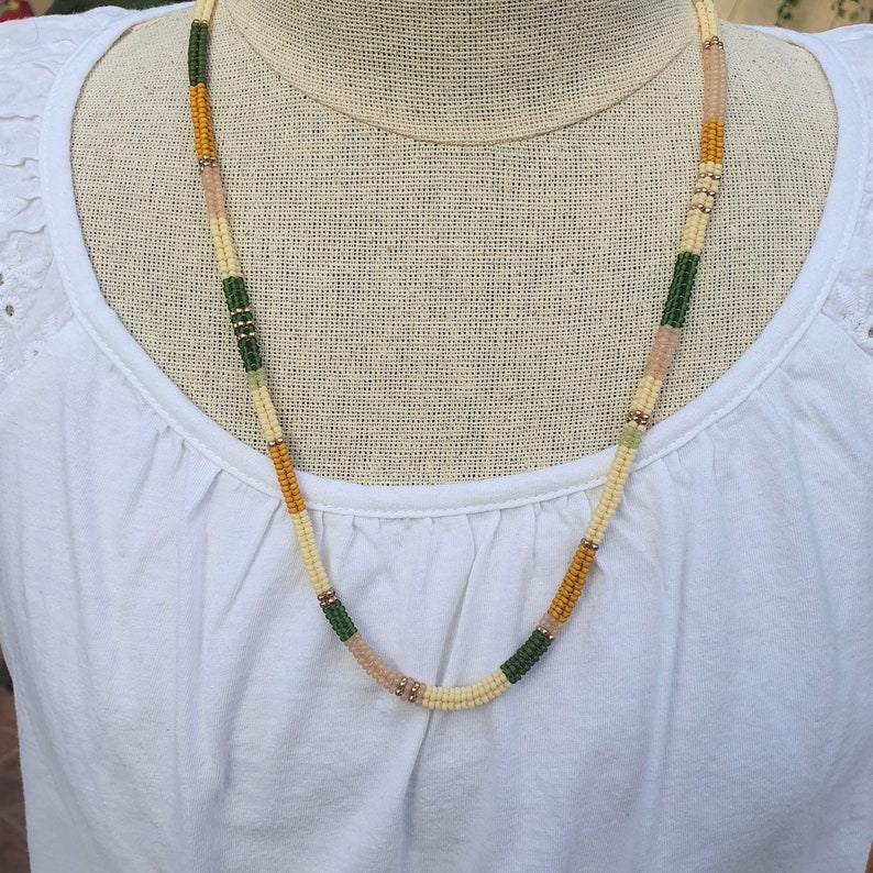 Green and gold bohemian boho color block beaded necklace image 2