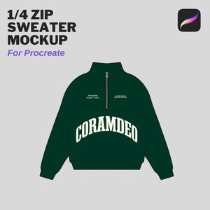 Può includere: Un mockup di felpa verde con zip 1/4 per Procreate. La felpa ha un design di testo bianco che dice "CORAMDEO" e "ATHLEISURE Limited Edition" e "GOD'S FAVOR AND PROTECTION".