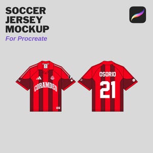Könnte beinhalten: Ein rotes und schwarzes Fußballtrikot-Mockup mit dem Text "CORAMDEO" auf der Vorderseite und "OSORIO 21" auf der Rückseite. Das Bild enthält auch den Text "SOCCER JERSEY MOCKUP For Procreate".