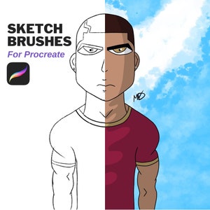 Könnte beinhalten: Eine digitale Illustration eines Männergesichts, das in zwei Hälften geteilt ist. Die linke Seite ist eine Strichzeichnung, während die rechte Seite mit einem roten Shirt und brauner Haut koloriert ist. Der Hintergrund ist ein blauer Himmel mit weißen Wolken.