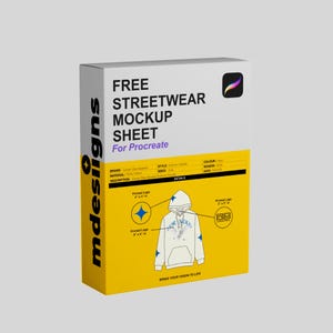 May include: A white and yellow box with the text "FREE STREETWEAR MOCKUP SHEET For Procreate." The box features a hoodie design with blue star accents and the words "BRING YOUR VISION TO LIFE."