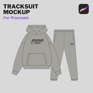 Peut inclure: Une maquette de survêtement gris pour Procreate, comprenant un sweat à capuche avec le texte "ATHLEISURE CLUB" et un pantalon de survêtement assorti.