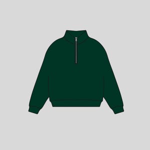 May include: A dark green, long-sleeved, half-zip sweatshirt with a zipper in the center.