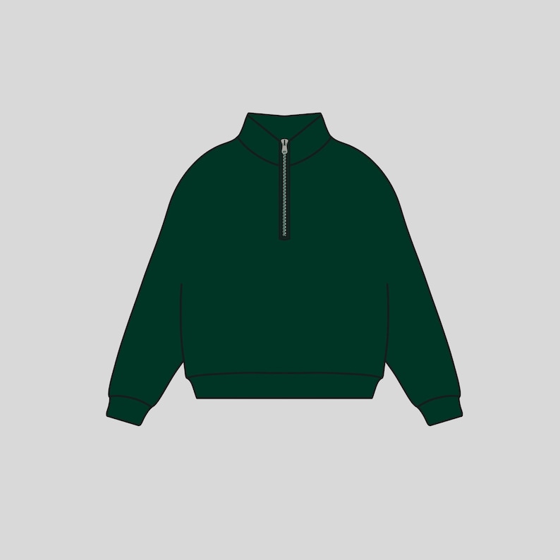 May include: A dark green, long-sleeved, half-zip sweatshirt with a zipper in the center.