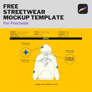 May include: A cream-colored pullover hoodie mockup template for Procreate featuring a central graphic of a bird with the text CORAM DEO. The design includes blue star accents, a front pocket, and technical callouts with dimensions in inches.