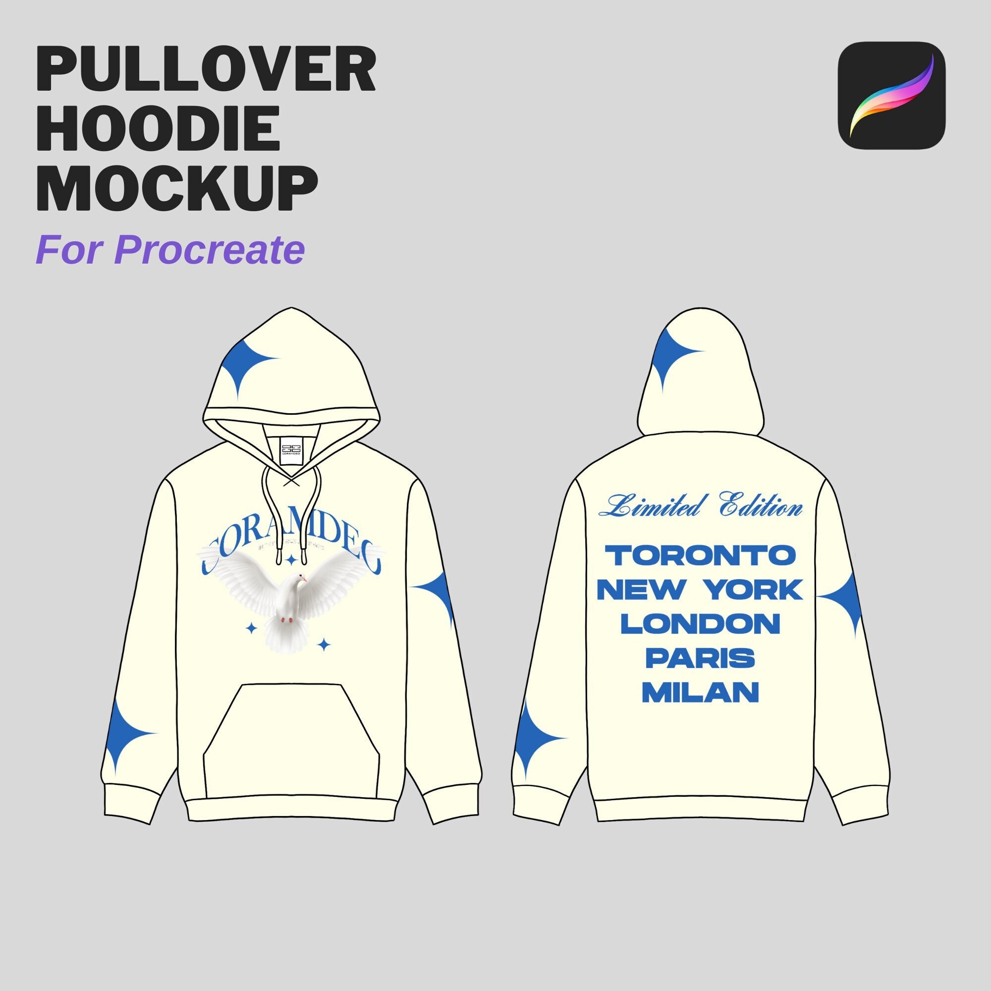 Pull Over Hoodie, Blank Mockup, Procreate PNG Template, Streetwear Tech Pack