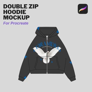 May include: Black double zip hoodie mockup for Procreate with a white dove graphic and the text "ORAMDE" in blue. The dove is flying with its wings spread and has a small red beak. The text is in a bold, sans-serif font.