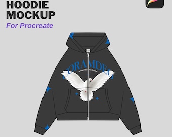 May include: Black double zip hoodie mockup for Procreate with a white dove graphic and the text "ORAMDE" in blue. The dove is flying with its wings spread and has a small red beak. The text is in a bold, sans-serif font.
