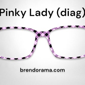 May include: Pinky Lady (diag) glasses with a pink and black checkered pattern. The glasses are on a white background with the website address "brendorama.com" below.