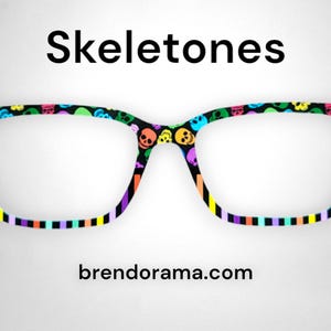 Skeletones - fun bright skulls over the funky-est stripe split