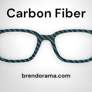 May include: A pair of black carbon fiber eyeglasses with a rectangular frame. The glasses are on a white background with the text "Carbon Fiber" and "brendorama.com" below the glasses.
