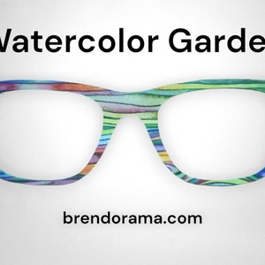 May include: Watercolor Garden, a colourful pair of eyeglasses with a striped pattern in shades of blue, green, yellow, and red. The glasses are on a white background with the website address "brendorama.com" below.