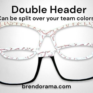 May include: Double header glasses with a baseball pattern. The glasses are white with red stitching on the baseballs. The text "Double Header" is at the top of the image. The text "Can be split over your team colours!" is below the glasses. The text "brendorama.com" is at the bottom of the image.