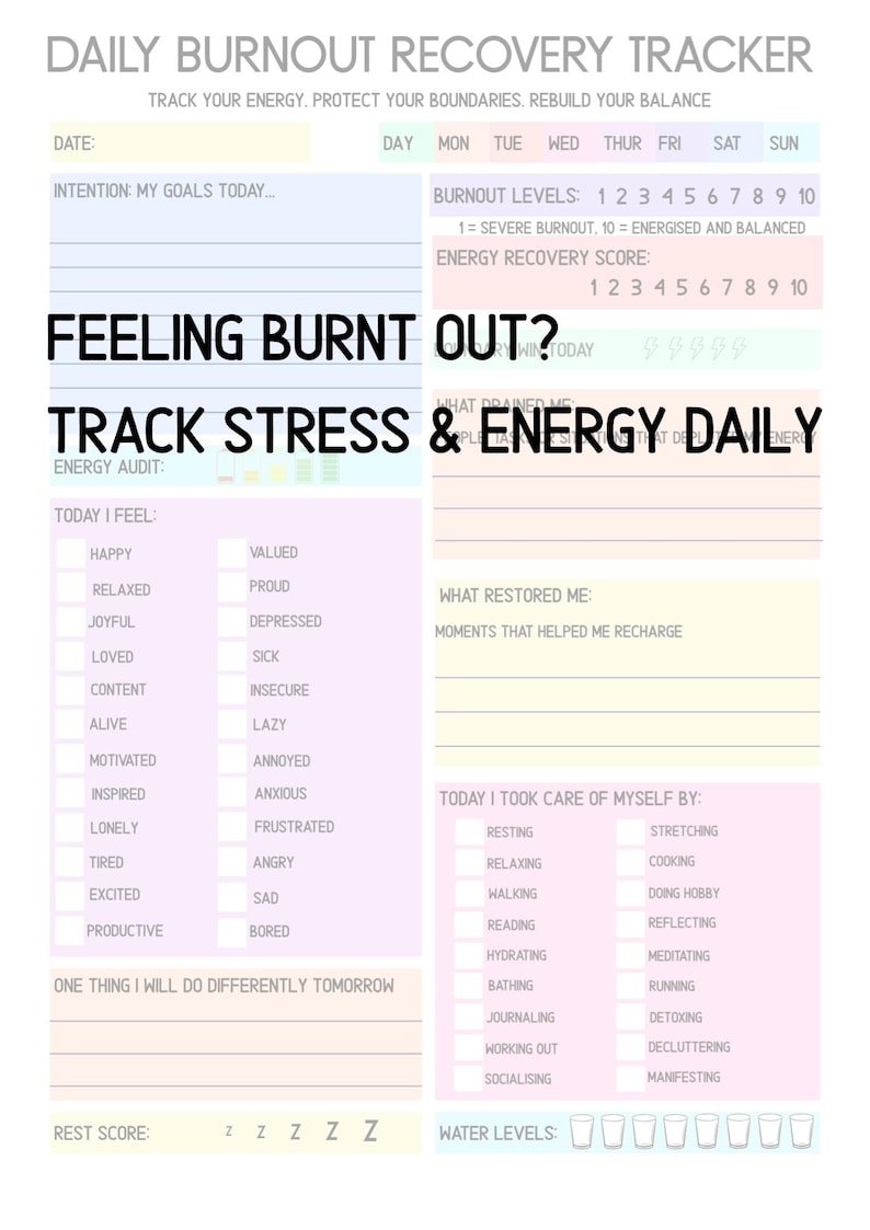 Burnout Recovery Notebook, Daily Stress Energy Tracker, Mental Health ...