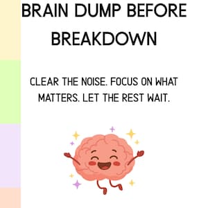 May include: A white poster with the text "BRAIN DUMP BEFORE BREAKDOWN" and "CLEAR THE NOISE. FOCUS ON WHAT MATTERS. LET THE REST WAIT." Features a cartoon brain character and the text "FOR OVERWHELMED MINDS, BUSY LIVES, AND DAYS THAT FEEL LIKE TOO MUCH."