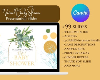 Baby Shower Games Flower Greenery Neutral Baby Shower Event Boy Girl InPerson Virtual PowerPoint Presentation Fun Quiz Party Edit Template