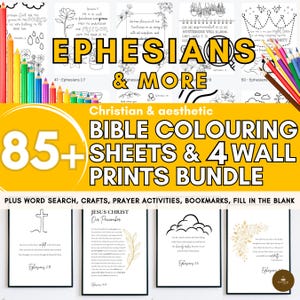 85+ Bible Colouring Sheets and Ephesians Bible Verse Wall Art Set of 4, Christian Activity for Kids Adults Relaxation Lessons Sunday School