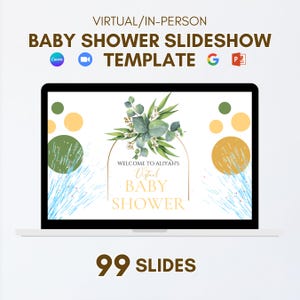 Baby Shower Games Flower Greenery Neutral Baby Shower Event Boy Girl InPerson Virtual PowerPoint Presentation Fun Quiz Party Edit Template