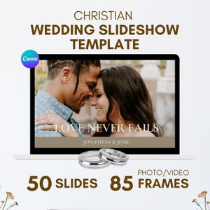 Peut inclure: Un modèle de diaporama de mariage avec un couple en arrière-plan. Le texte "LOVE NEVER FAILS" est affiché au centre de l'image. Le texte "JONATHAN & JOSIE" est affiché sous le texte "LOVE NEVER FAILS". Le texte "50 SLIDES 85 FRAMES" est affiché en bas de l'image.