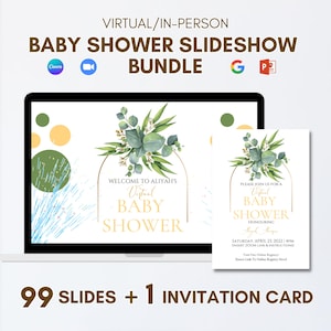 May include: A digital slideshow template for a virtual or in-person baby shower. The template features a green and gold archway with eucalyptus leaves and white flowers. The text "Welcome to Aliyah's Virtual Baby Shower" is displayed on the template. The template also includes a matching invitation card with the text "Please join us for a Virtual Baby Shower Honoring Aliyah Moore Saturday, April 23, 2022 4PM [Insert Zoom Link & Instructions!] Visit Our Online Registry! Insert Link To Online Registry Here". The template includes 99 slides and 1 invitation card.