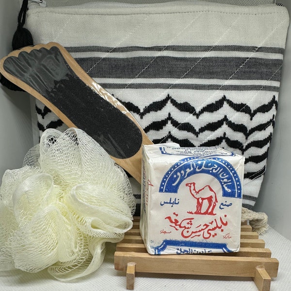 Authentic Palestinian Keffiyeh Cosmetic Bag, All-Natural Nablus Soap Set, SHIPS FROM USA