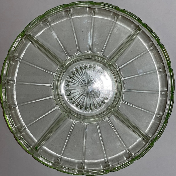 Hazel Atlas Ribbon Green Uranium Depression Glass Divided Relish Dish Tray, 10 in