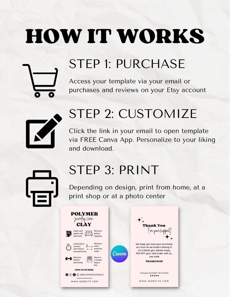 Editable Polymer Clay Jewelry Care Card Template Customizable Jewelry