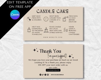 May include: A beige card with black text and illustrations. The card has instructions for candle care, including how to trim the wick, melt the wax, and place the candle on a safe surface. The card also includes a thank you message with a discount code: THANKYOU15. The card has a website address: WWW.WEBSITE.COM.