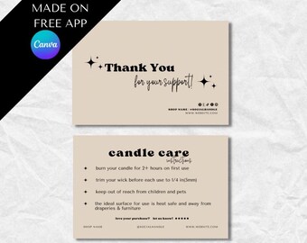 May include: Two beige cards with black text. The top card says "Thank You for your support!" with stars. The bottom card says "candle care" and lists instructions for candle care, including burning time, wick trimming, and safety precautions. The cards also include the shop name, social media handle, and website.
