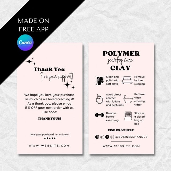 Editable Polymer Clay Jewelry Care Card Template | Customizable Jewelry Care Instructions | Printable Earring Care Card | Jewelry Brand